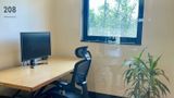 Monitor and desk under the window, plant in the corner